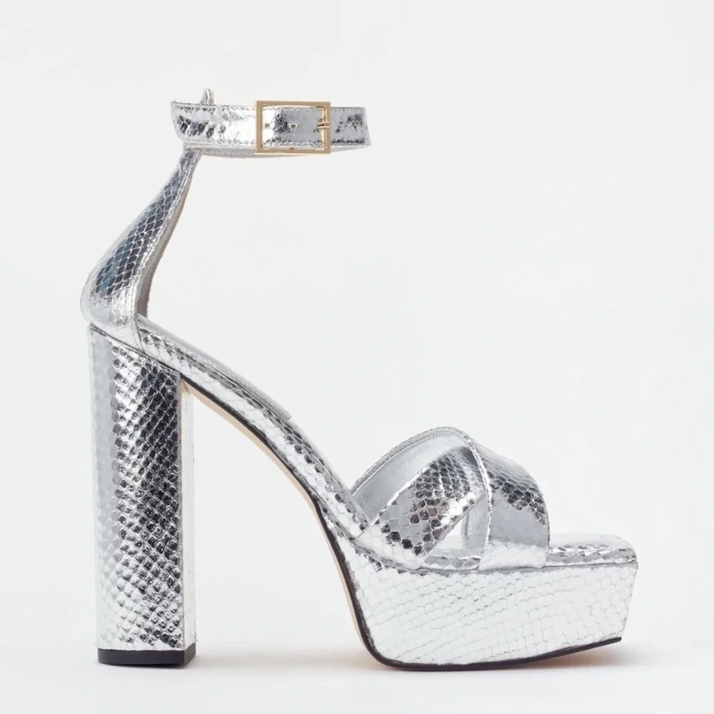 Good American Ankle Strap Open Toe Platform Sandals Silver Size 8